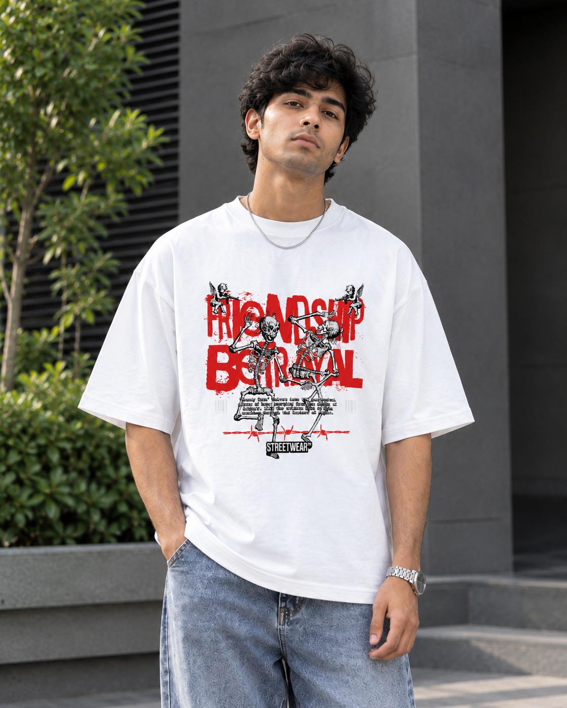 Streetwear Skeleton Graphic Oversized T-Shirt – White