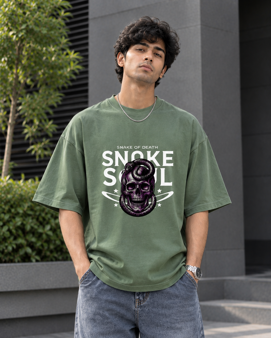 Snake Skull Oversized Graphic T-Shirt – Olive Green