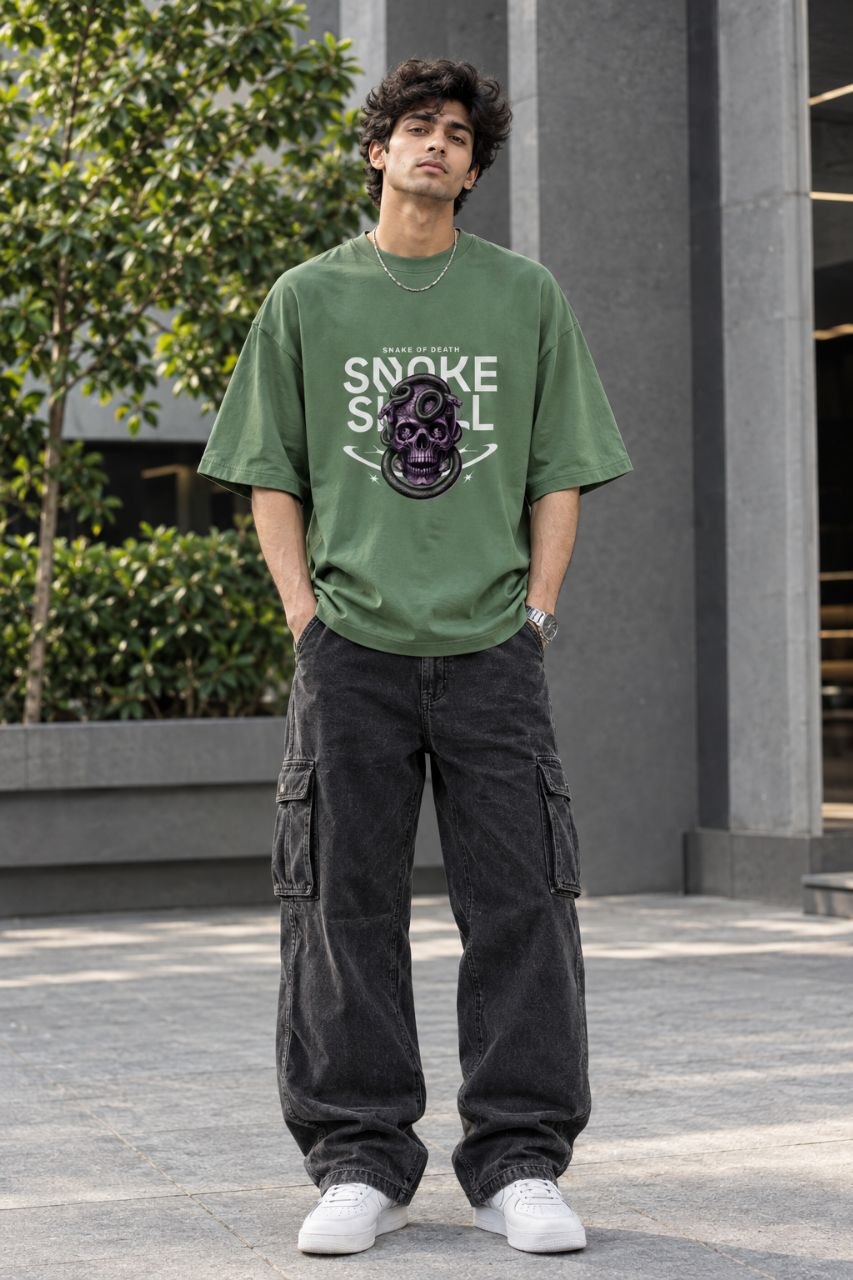 Snake Skull Oversized Graphic T-Shirt – Olive Green