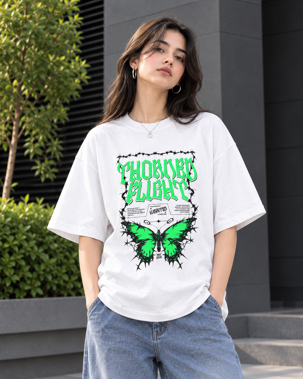 Poison Flower Butterfly Graphic Oversized T-Shirt – White