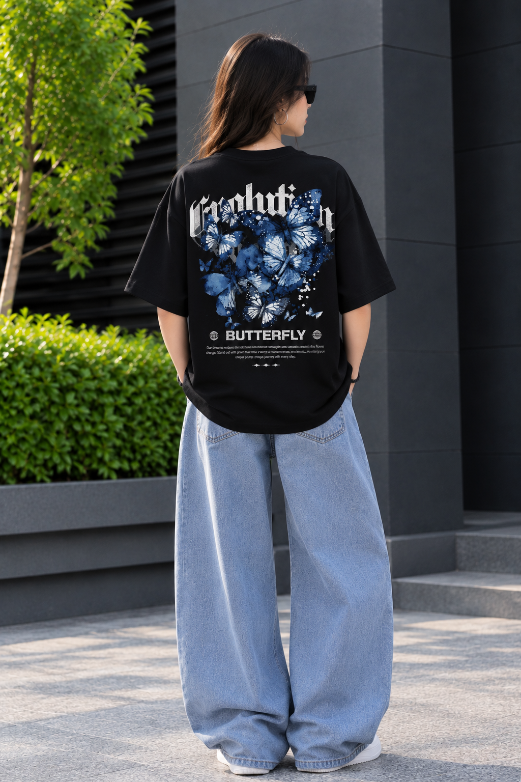 Blue Butterfly Back Print Oversized T-Shirt – Black