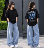 Blue Butterfly Back Print Oversized T-Shirt – Black