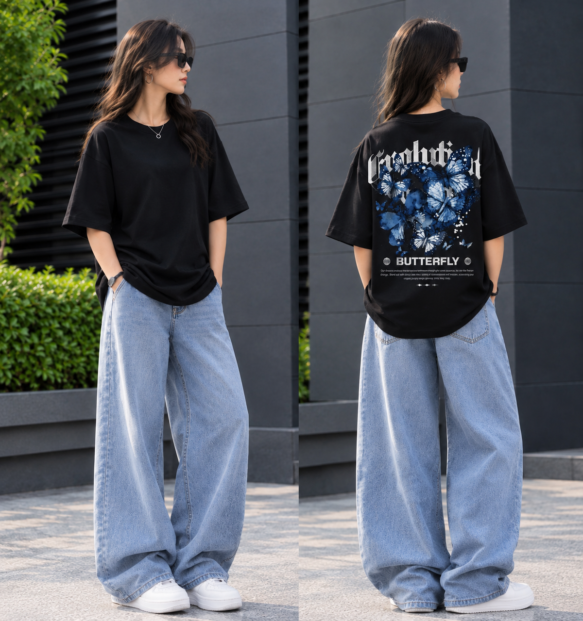 Blue Butterfly Back Print Oversized T-Shirt – Black